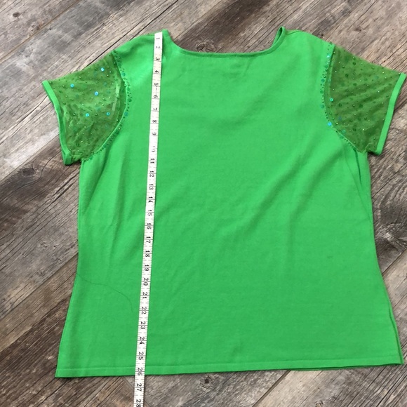 Notations Woman bright green embellished sequin mesh sleeve sweater top - Picture 8 of 10